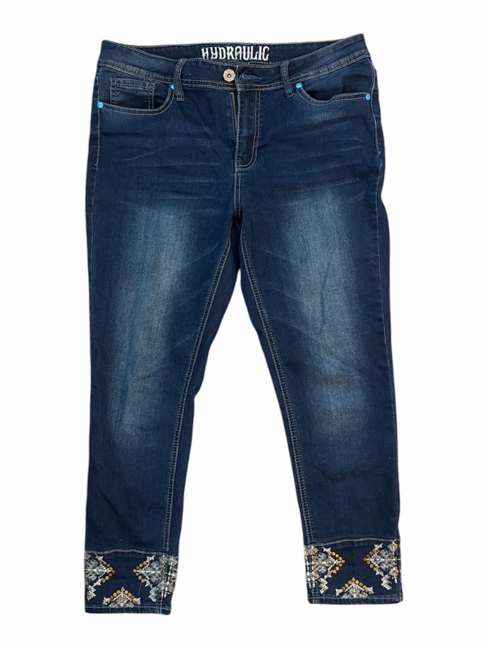 Hydraulic Indigo Straight Leg Jeans with Embroidered Ankles ( capri)